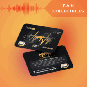 Image of the limited-edition HipHop50 Digital Collectible Gift Card celebrating the 50th Anniversary of Hip Hop. The card highlights the $25 gift card value, instant $5 bonus load, staking rewards, and Pioneer Priority Access.