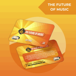 Future of Music Gift Card NFT, abstract geometric design, investment in the future of music.
