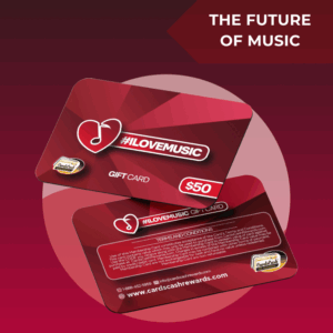 Vibrant I Love Music Gift Card NFT with a heart icon, dedicated to music fans and collectors.