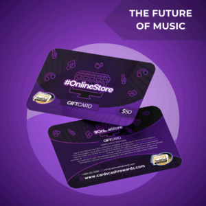 Online Music Store Gift Card NFT, shopping cart icon, for digital music purchases.