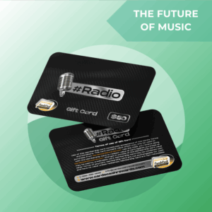 Digital Radio Gift Card NFT, features abstract sound waves, supports artist airplay.