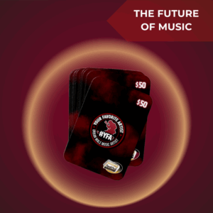 Artist Support Gift Card NFT, digital illustration of a musician on stage, funding artist careers.